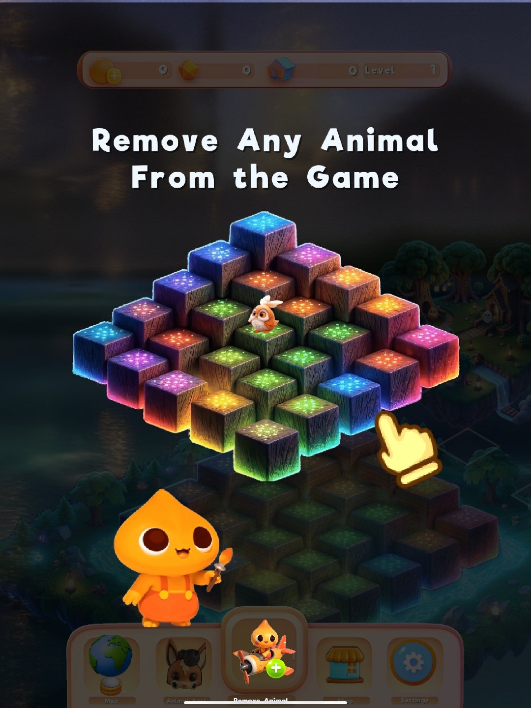 Tutorial screen showing animal placement and board interaction
