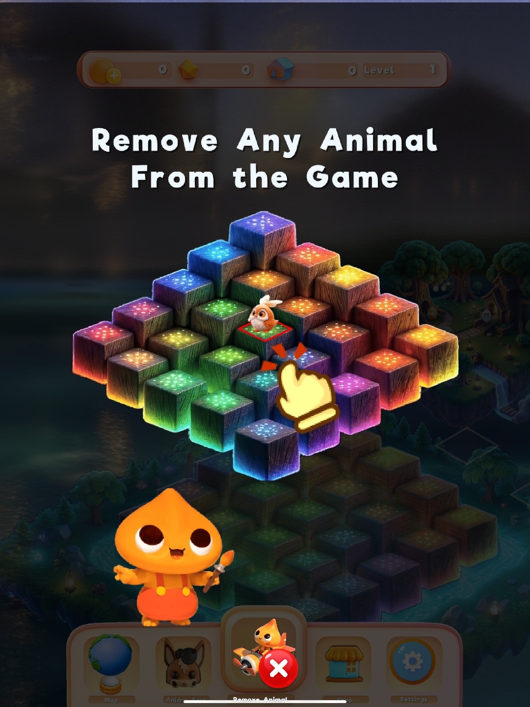 Tutorial screen showing a match of three or more animals