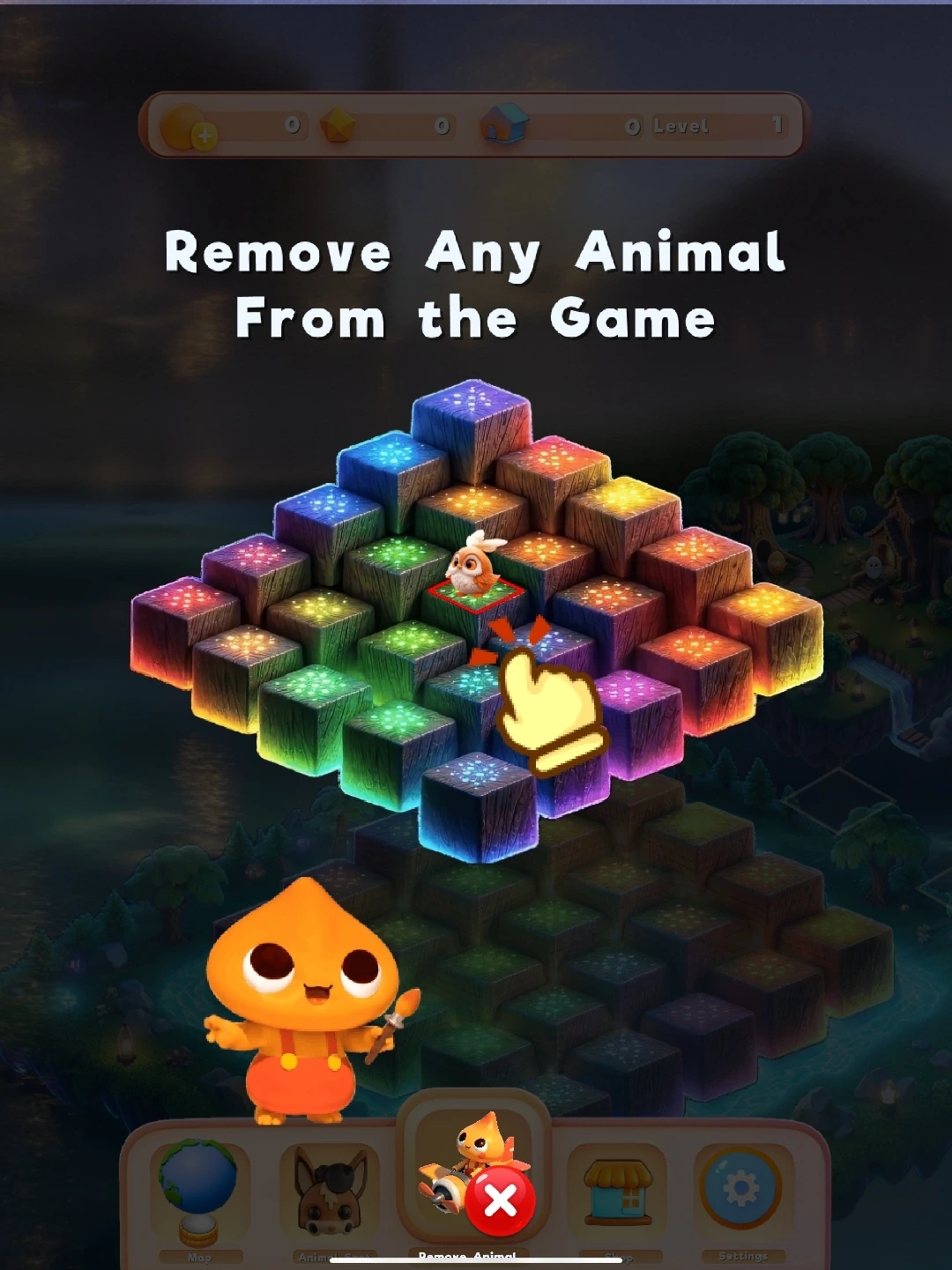 Tutorial screen showing a match of three or more animals