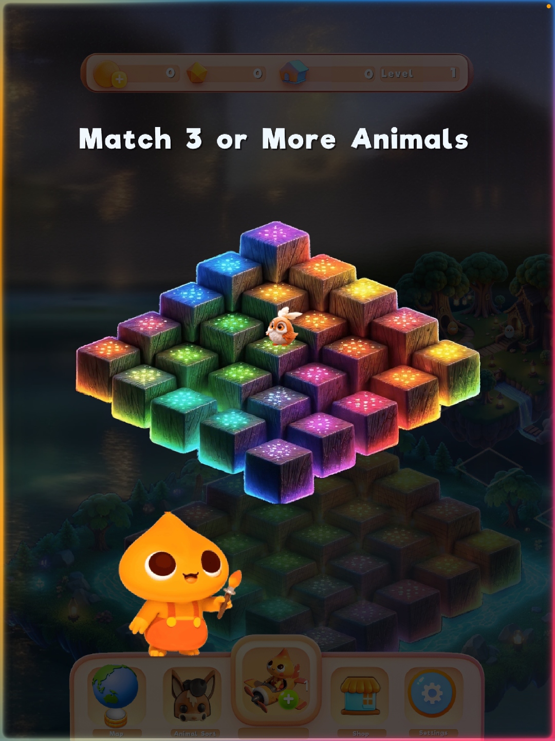 Blobby puzzle world and village interface